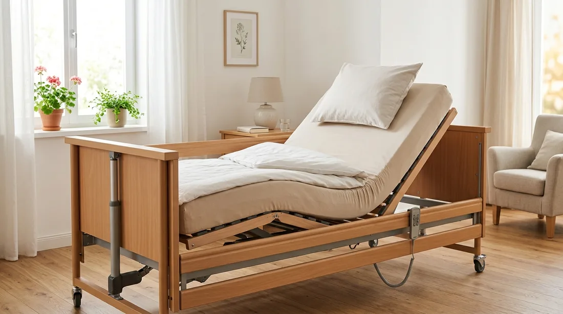 Pflegebett mit angehobenem Kopfteil und ordentlich anliegender Matratze in einem hellen Zimmer