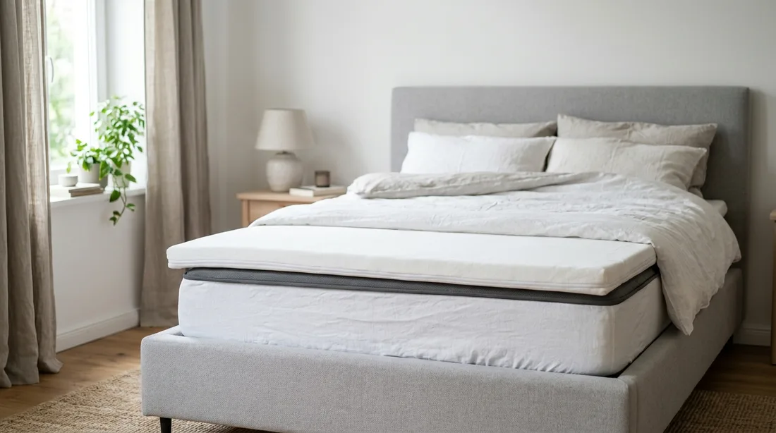 Boxspringbett mit Topper, der seitlich über die Matratzenkante hinausgeschoben ist